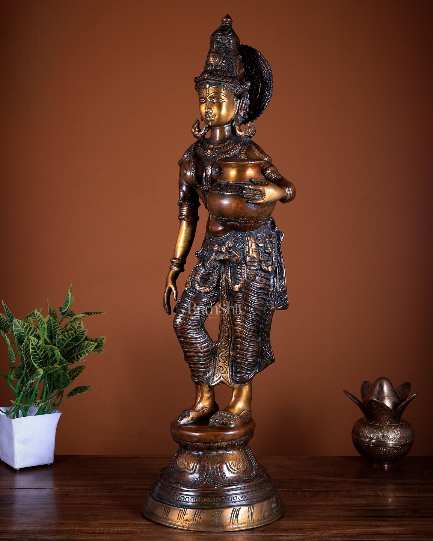 Pure Brass Lady with Pot Statue 28.5 inch