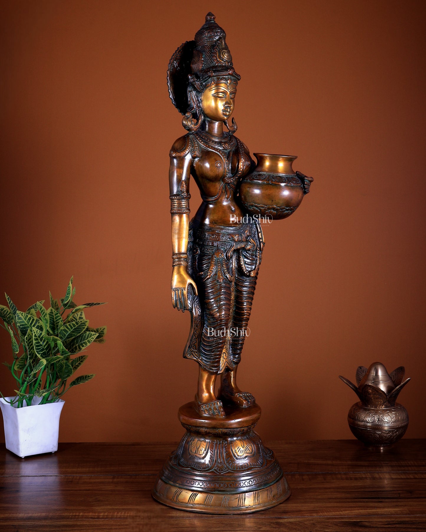 Pure Brass Lady with Pot Statue 28.5 inch