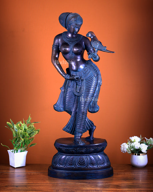 Brass Lady Holding Parrot – Chola Style, 36 Inch