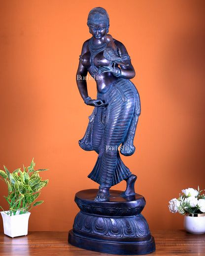 Brass Lady Holding Parrot – Chola Style, 36 Inch