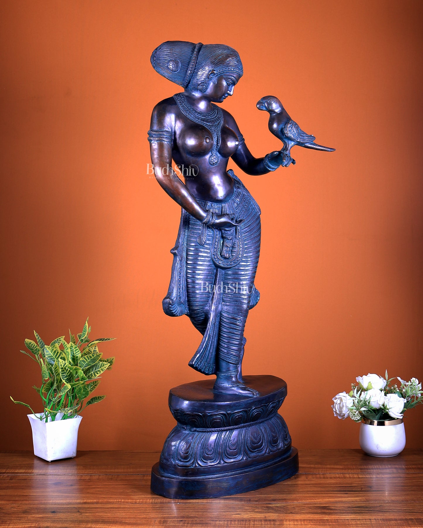 Brass Lady Holding Parrot – Chola Style, 36 Inch