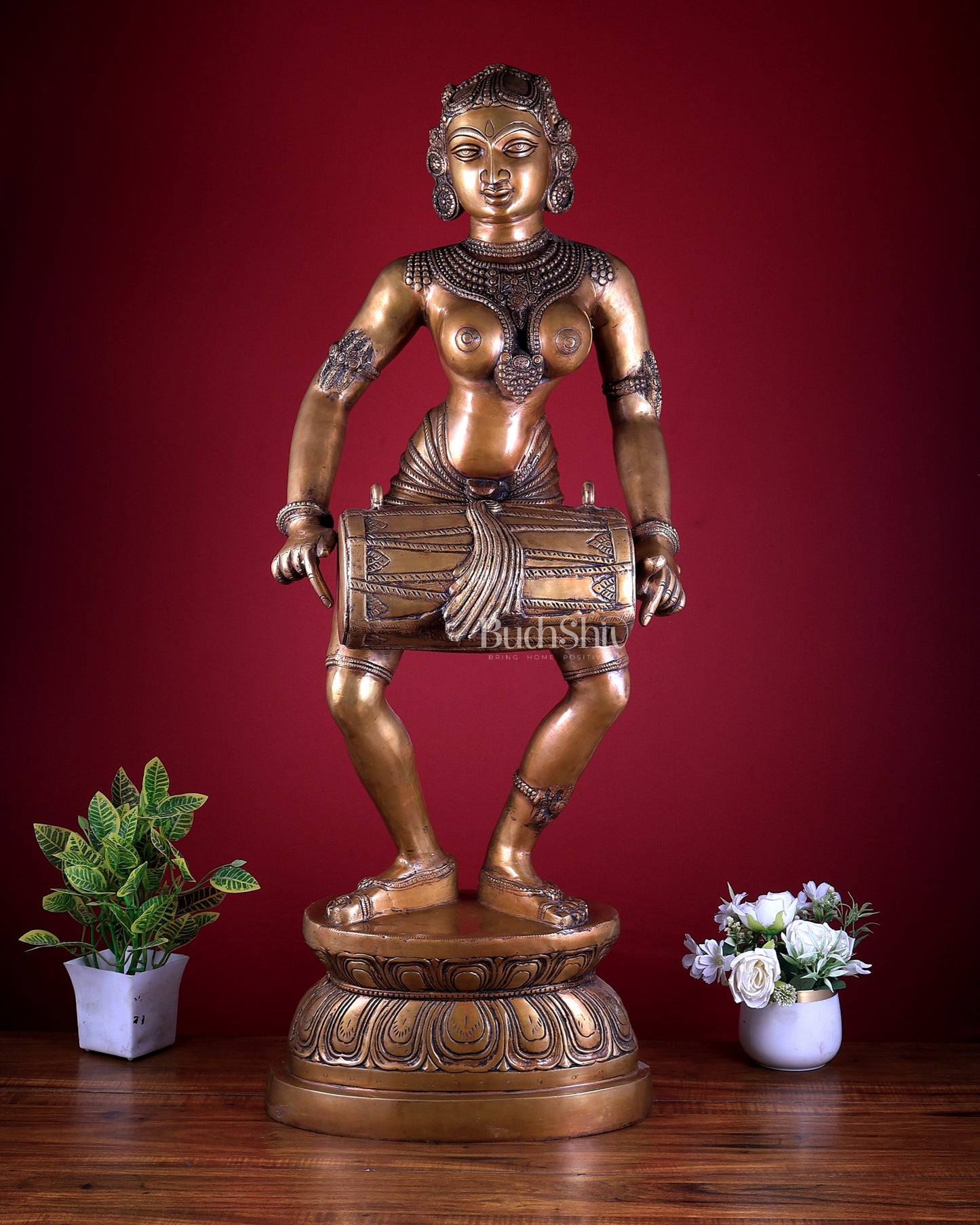 Pure Brass Large Dancing Lady Playing Dholak Statue – 38 inch