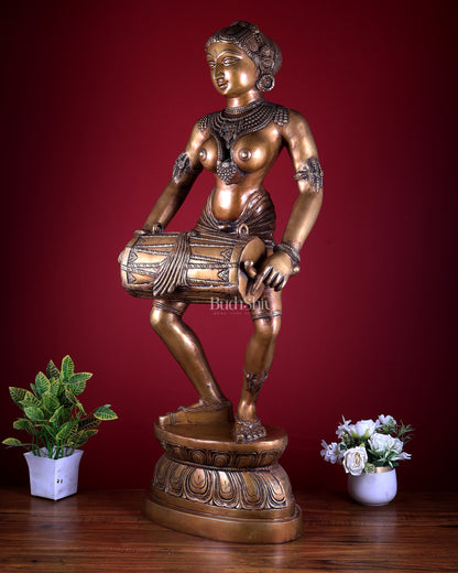 Pure Brass Large Dancing Lady Playing Dholak Statue – 38 inch