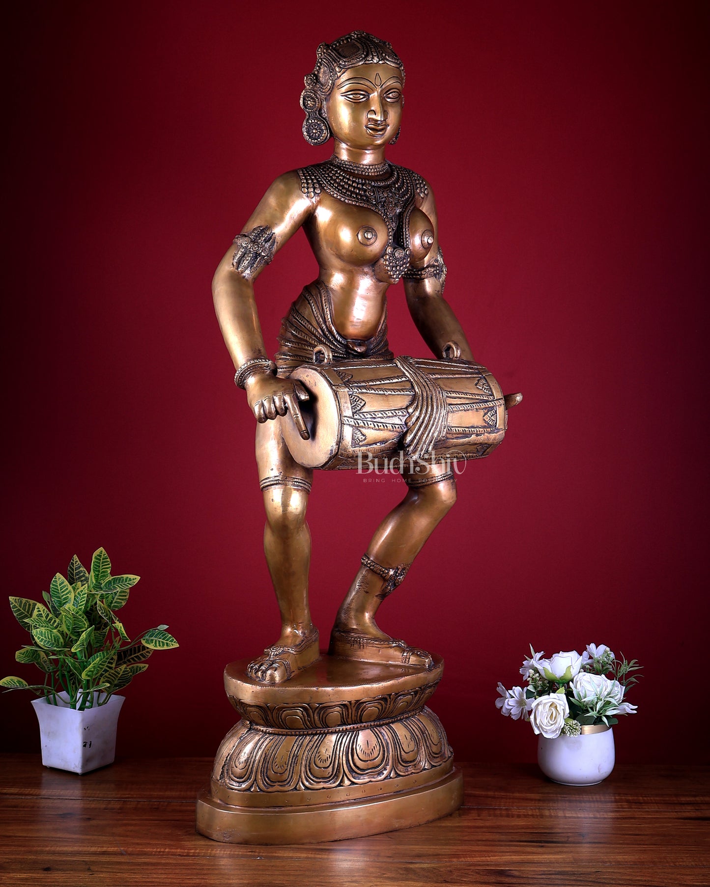 Pure Brass Large Dancing Lady Playing Dholak Statue – 38 inch