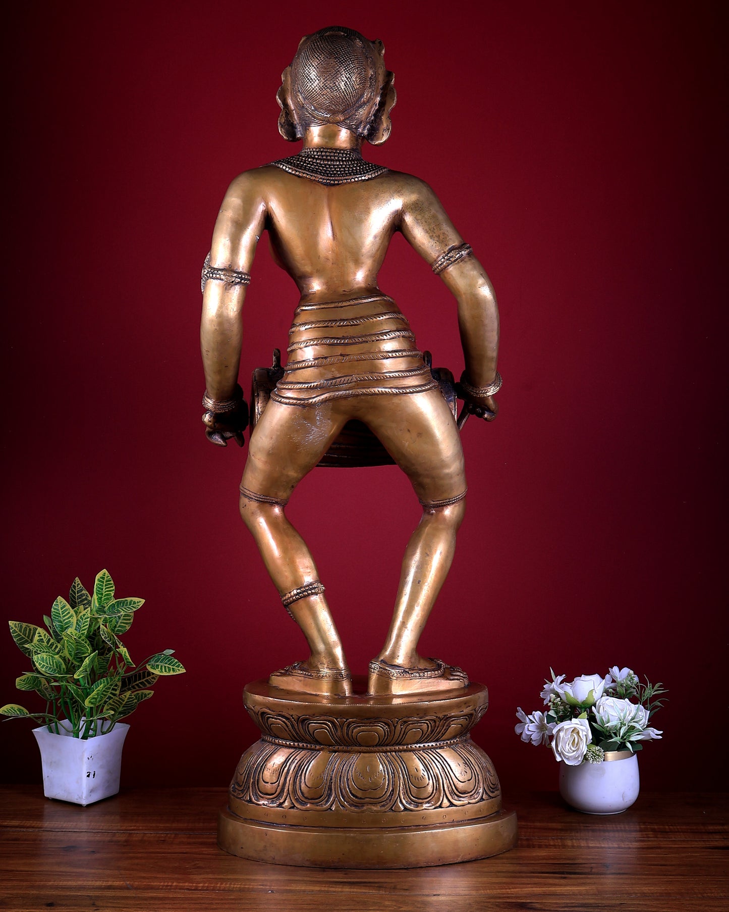 Pure Brass Large Dancing Lady Playing Dholak Statue – 38 inch