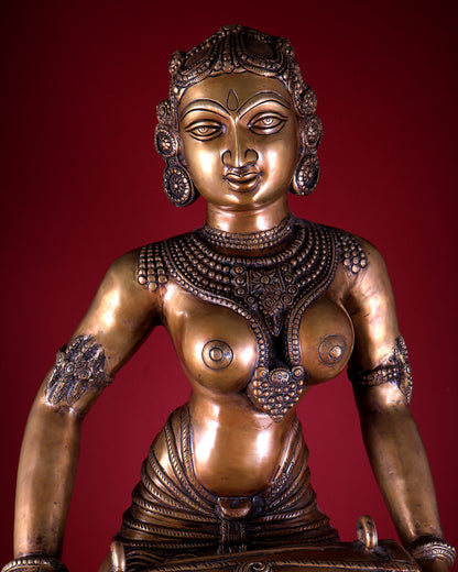 Pure Brass Large Dancing Lady Playing Dholak Statue – 38 inch