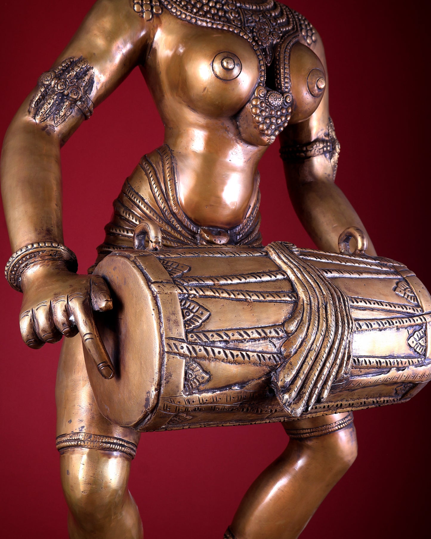 Pure Brass Large Dancing Lady Playing Dholak Statue – 38 inch