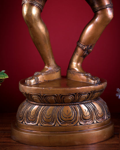 Pure Brass Large Dancing Lady Playing Dholak Statue – 38 inch