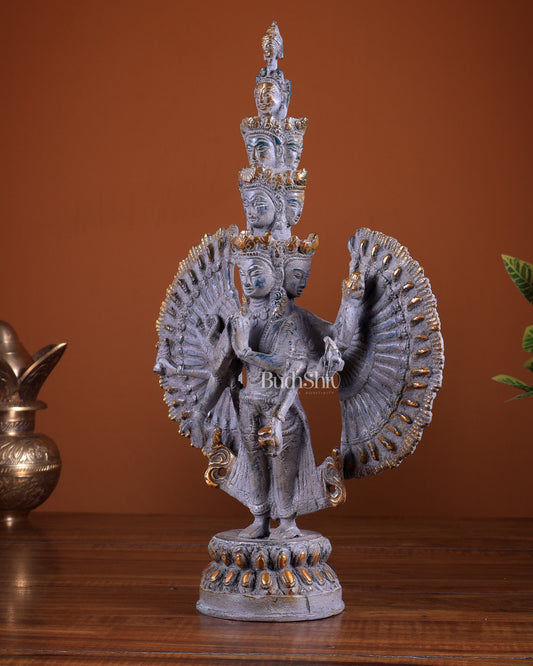 Avalokiteshvara Brass Statue with Eleven Heads & Multiple Arms 14 inch