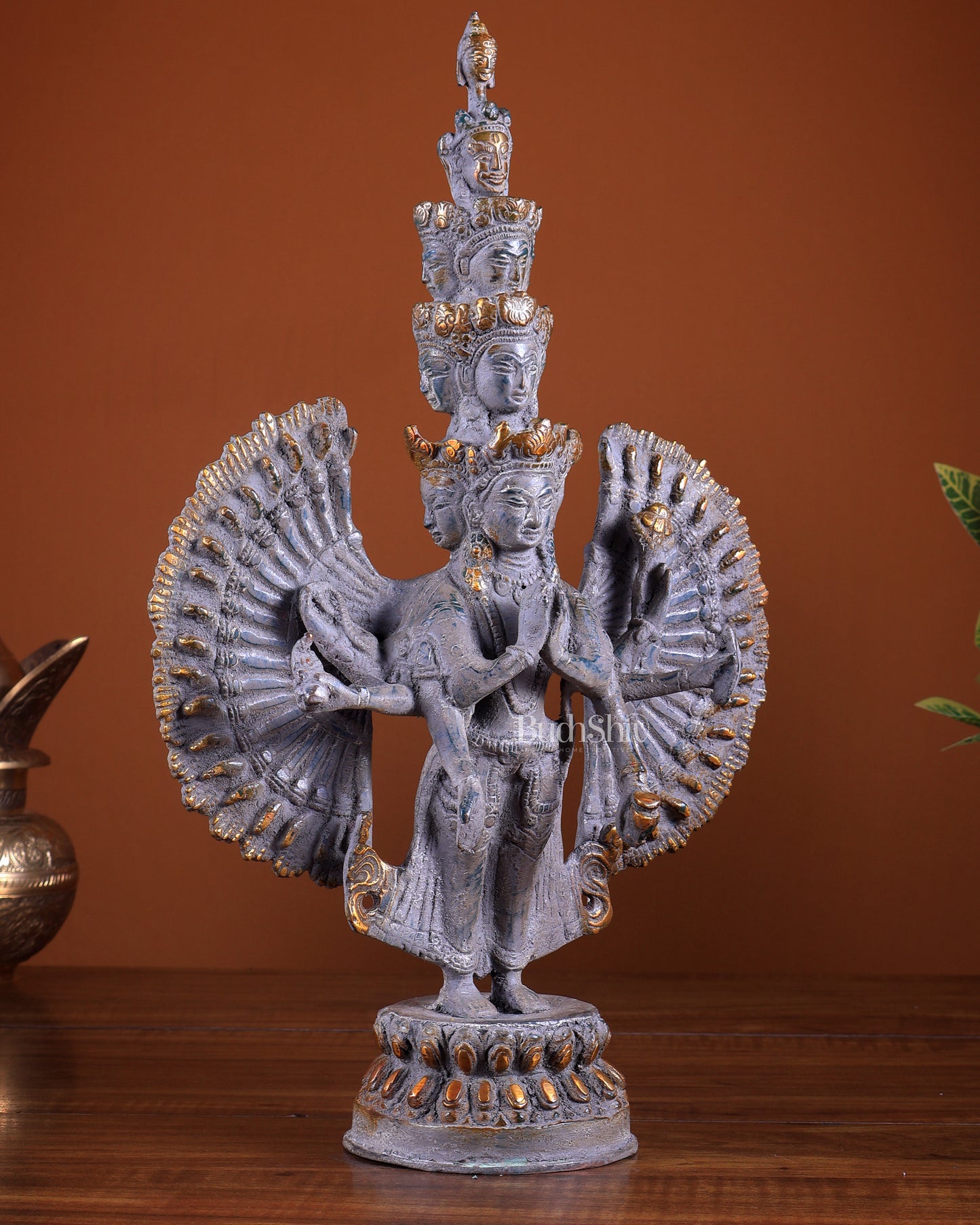 Avalokiteshvara Brass Statue with Eleven Heads & Multiple Arms 14 inch