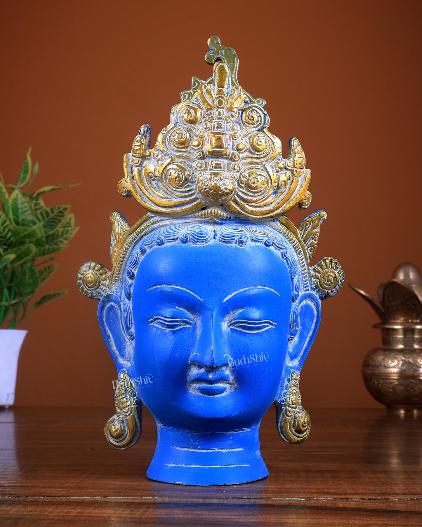 Pure Brass Tara Face Bust Statue – Vintage Blue 12"