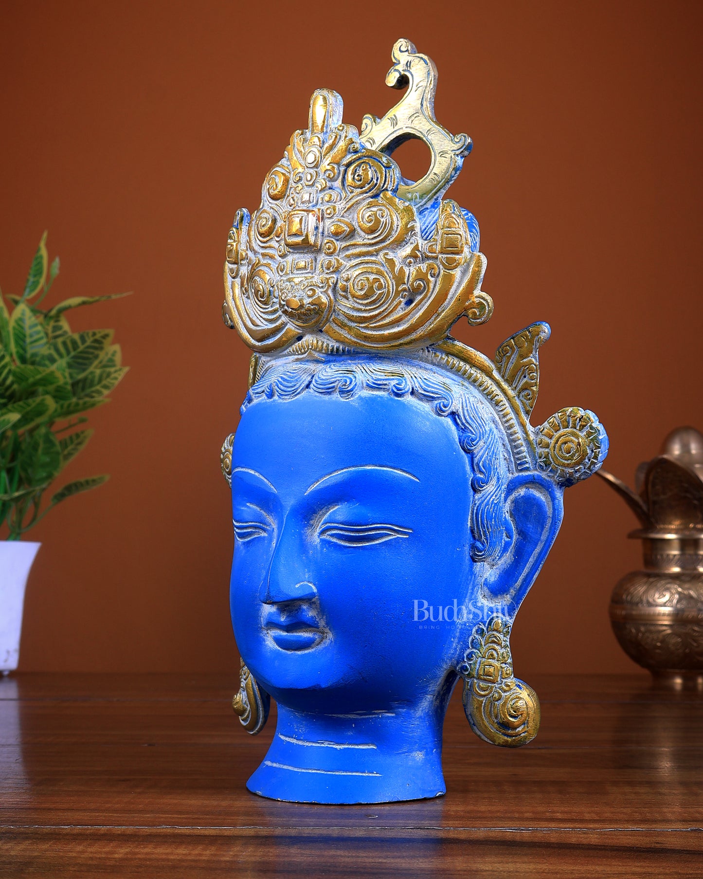 Pure Brass Tara Face Bust Statue – Vintage Blue 12"