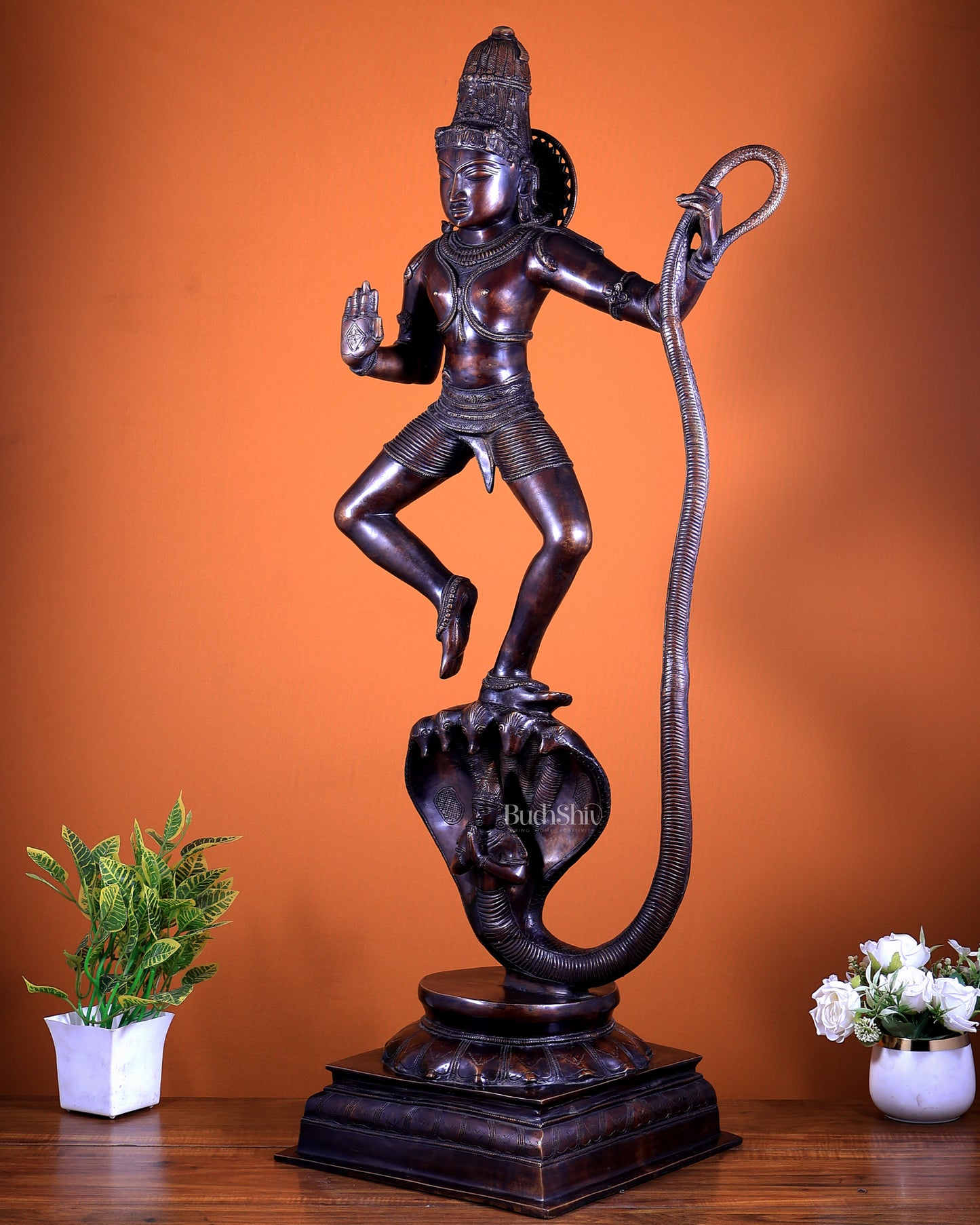 Large Brass Krishna Dancing on Kaliya Naag – 42”