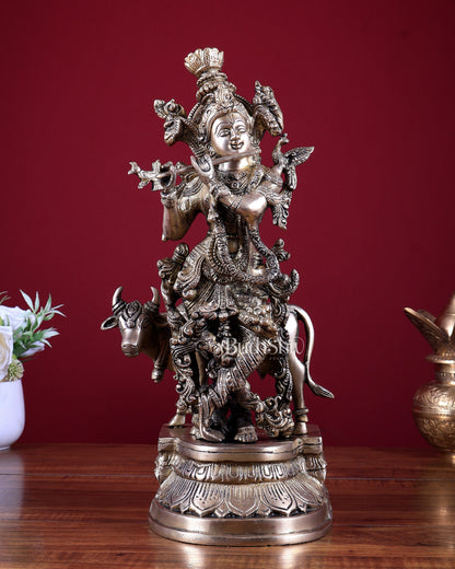 Brass Lord Krishna with Cow Idol 14 inch