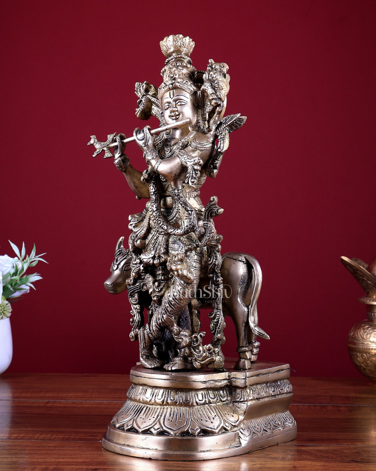 Brass Lord Krishna with Cow Idol 14 inch