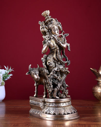 Brass Lord Krishna with Cow Idol 14 inch