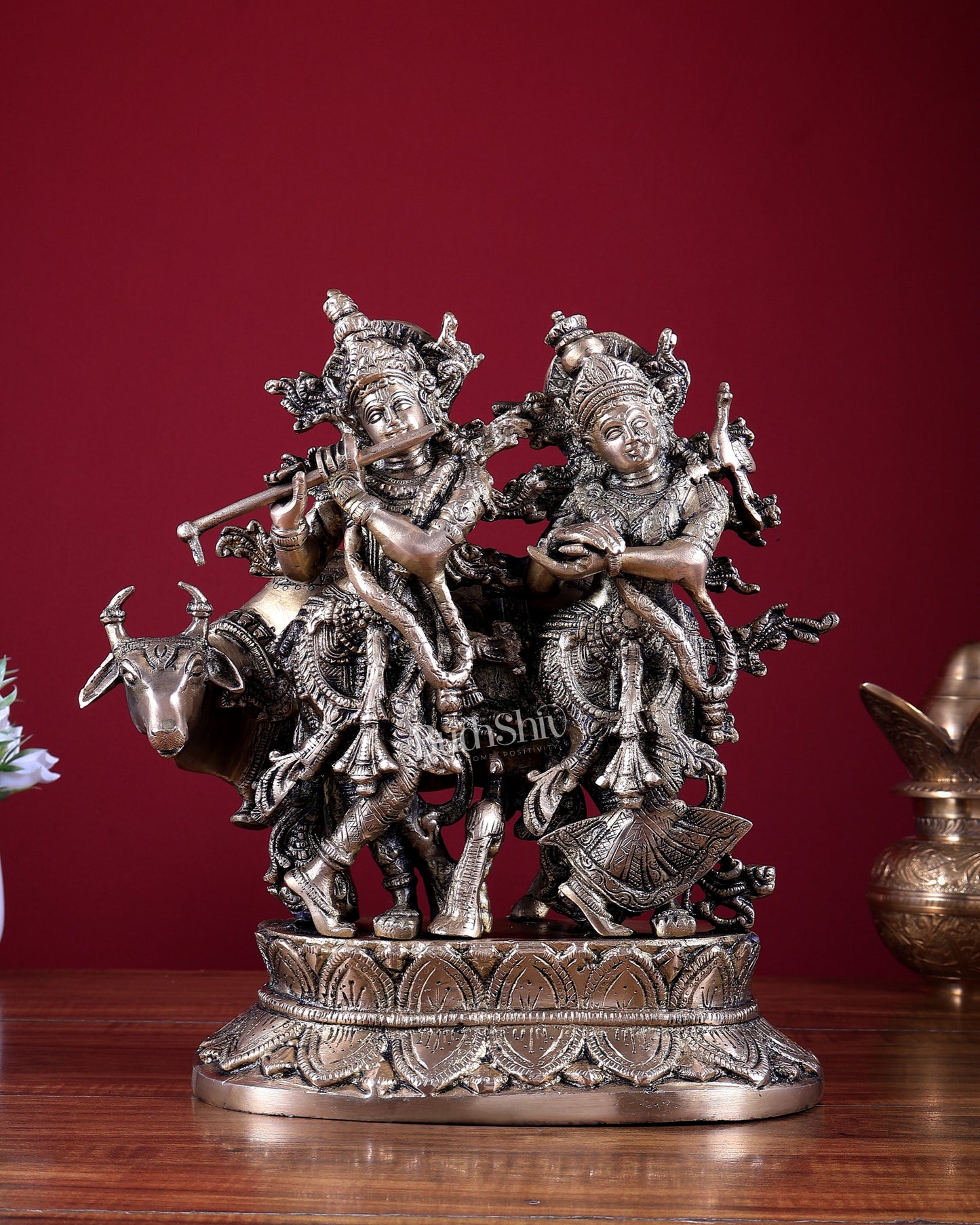 Brass Radha Krishna with Cow Idol 12 inch