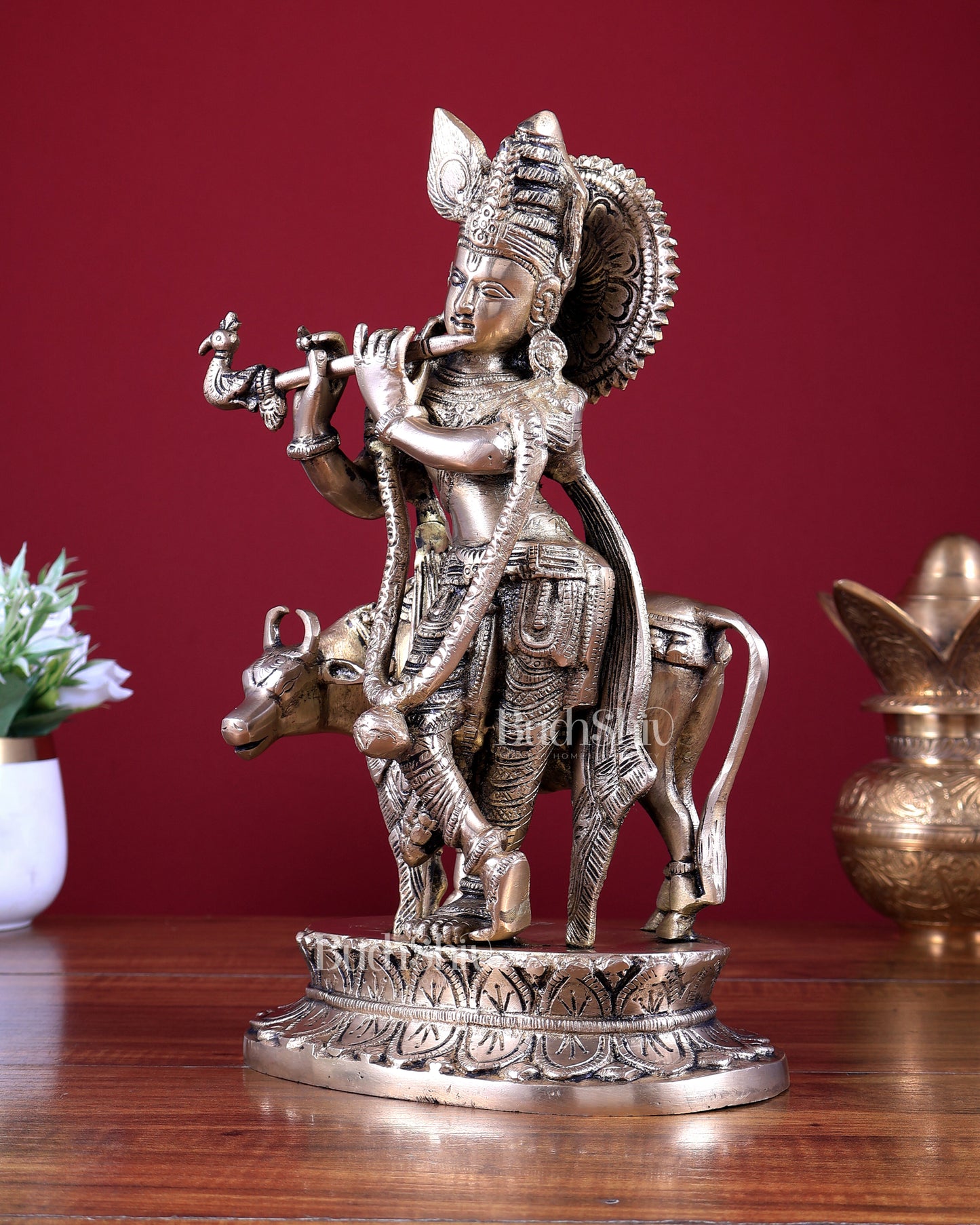 Brass Lord Krishna with Cow Idol 11.75 inch