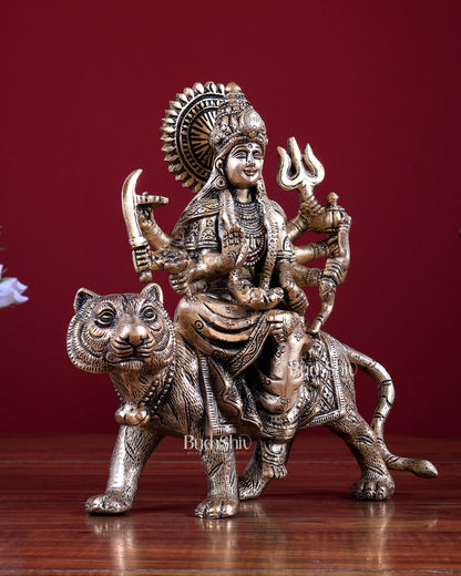 Pure Brass Goddess Durga on tiger Idol - 9" | matte finish