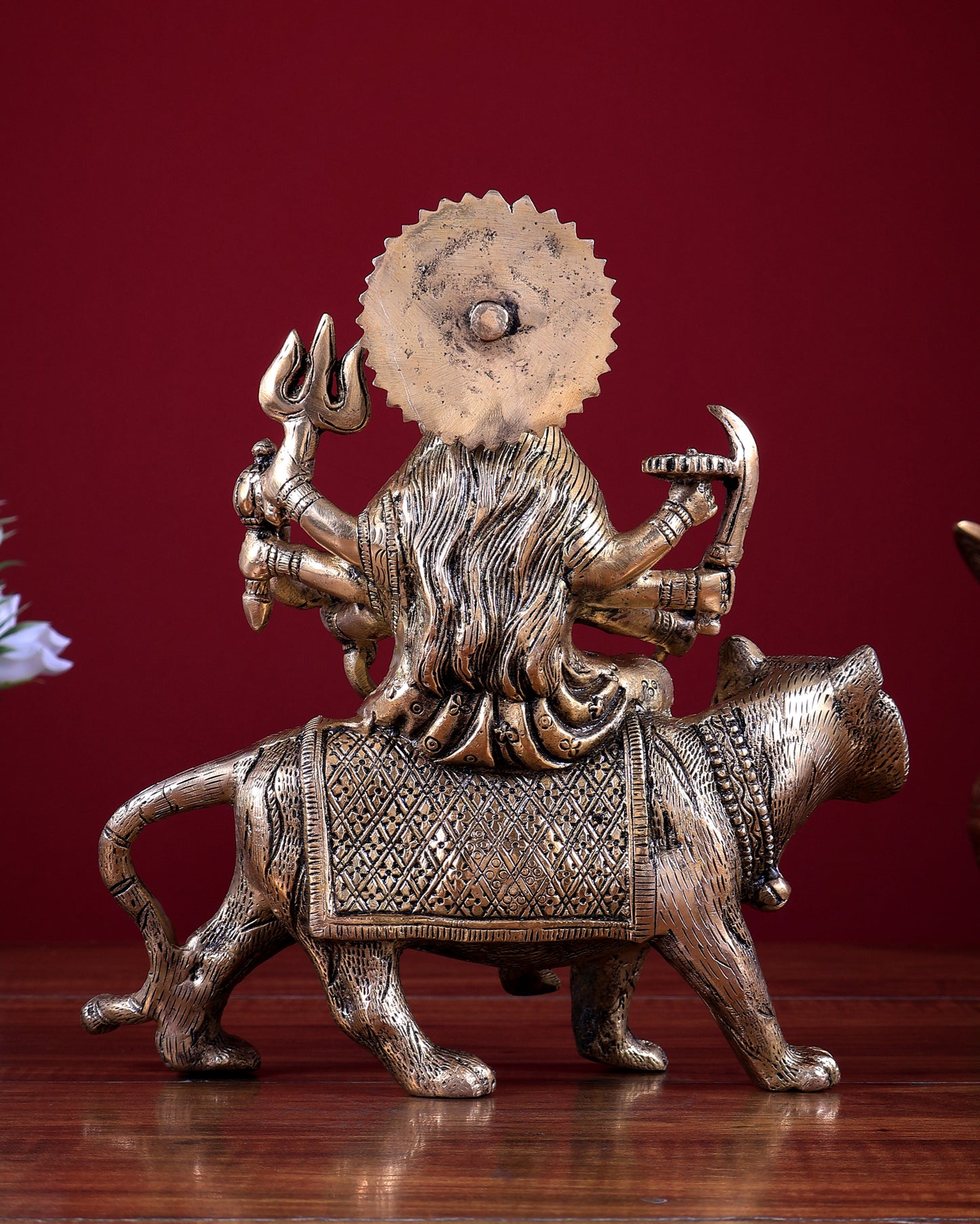 Pure Brass Goddess Durga on tiger Idol - 9" | matte finish