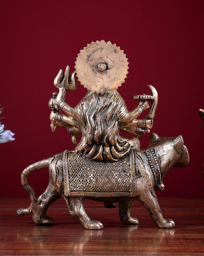 Pure Brass Goddess Durga on tiger Idol - 9" | matte finish