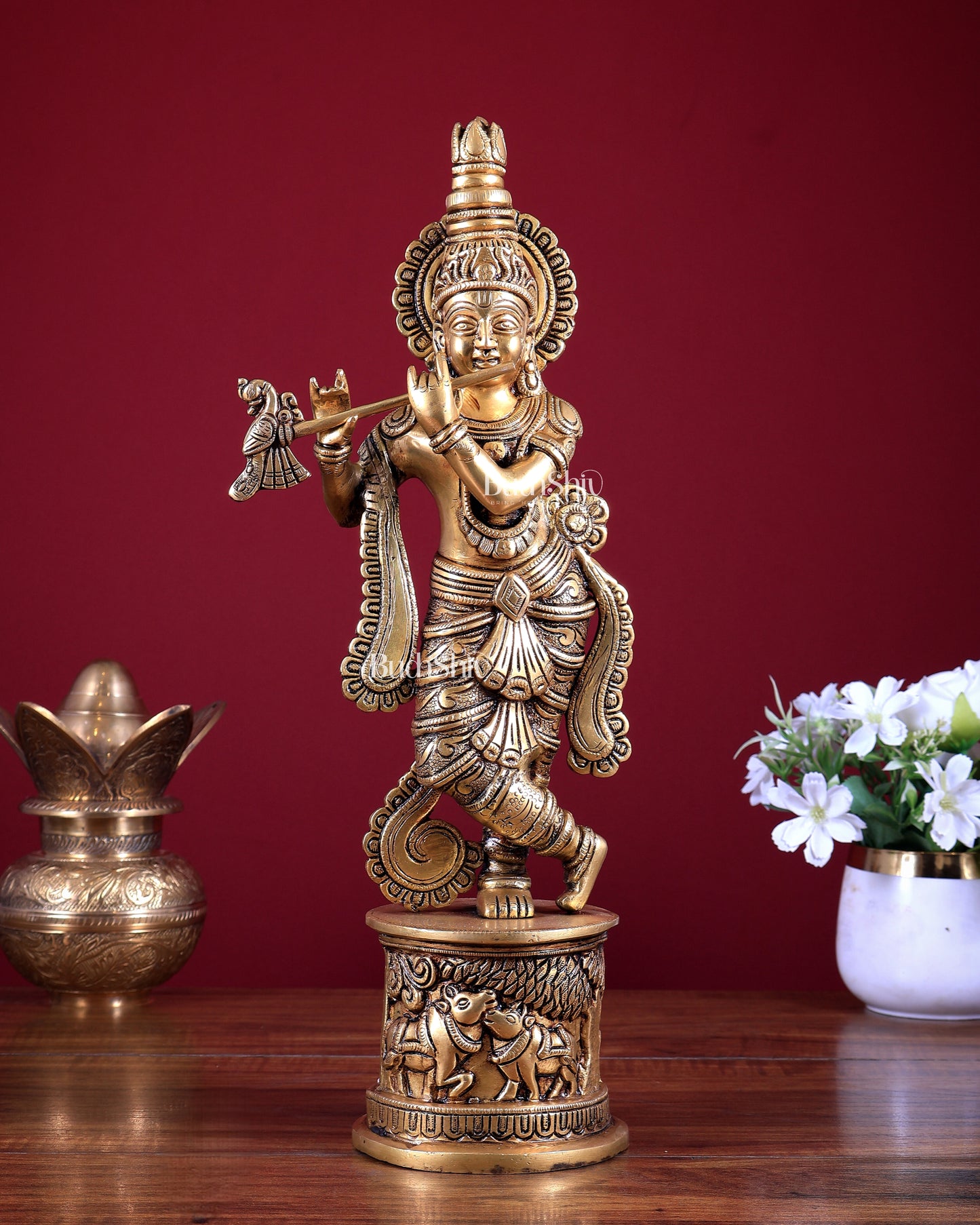Superfine Brass Krishna Statue Cow on base 15.5 inch