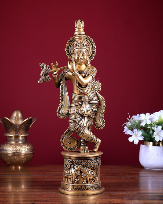 Superfine Brass Krishna Statue Cow on base 15.5 inch