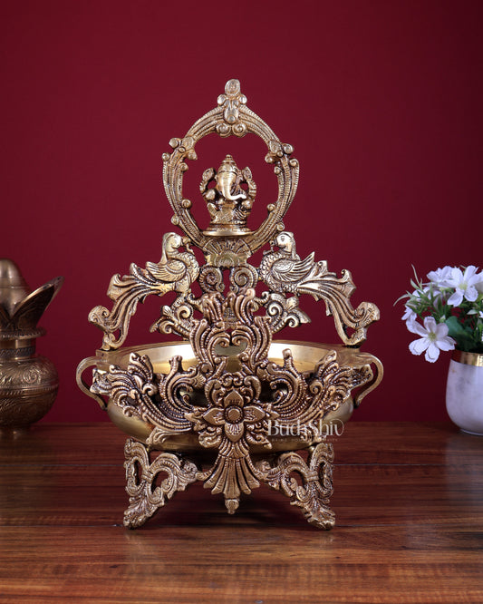 Brass Ganesha Urli with Peacocks – Unique Temple Décor Centrepiece
