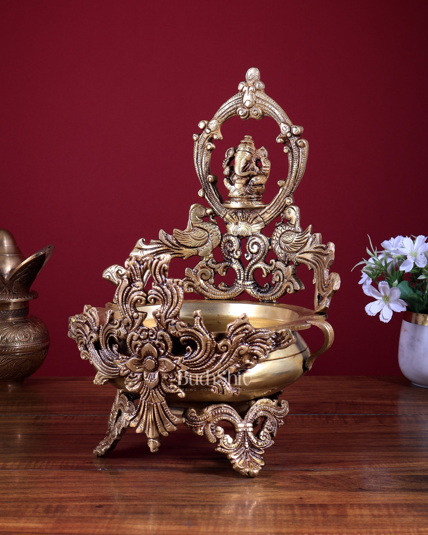 Brass Ganesha Urli with Peacocks – Unique Temple Décor Centrepiece