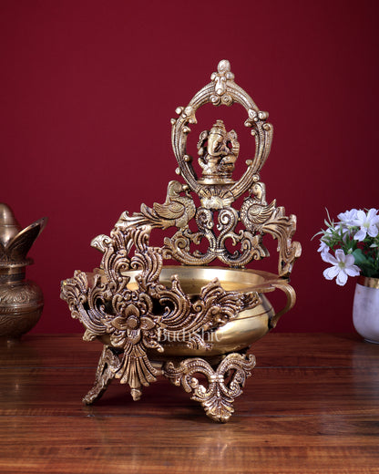 Brass Ganesha Urli with Peacocks – Unique Temple Décor Centrepiece
