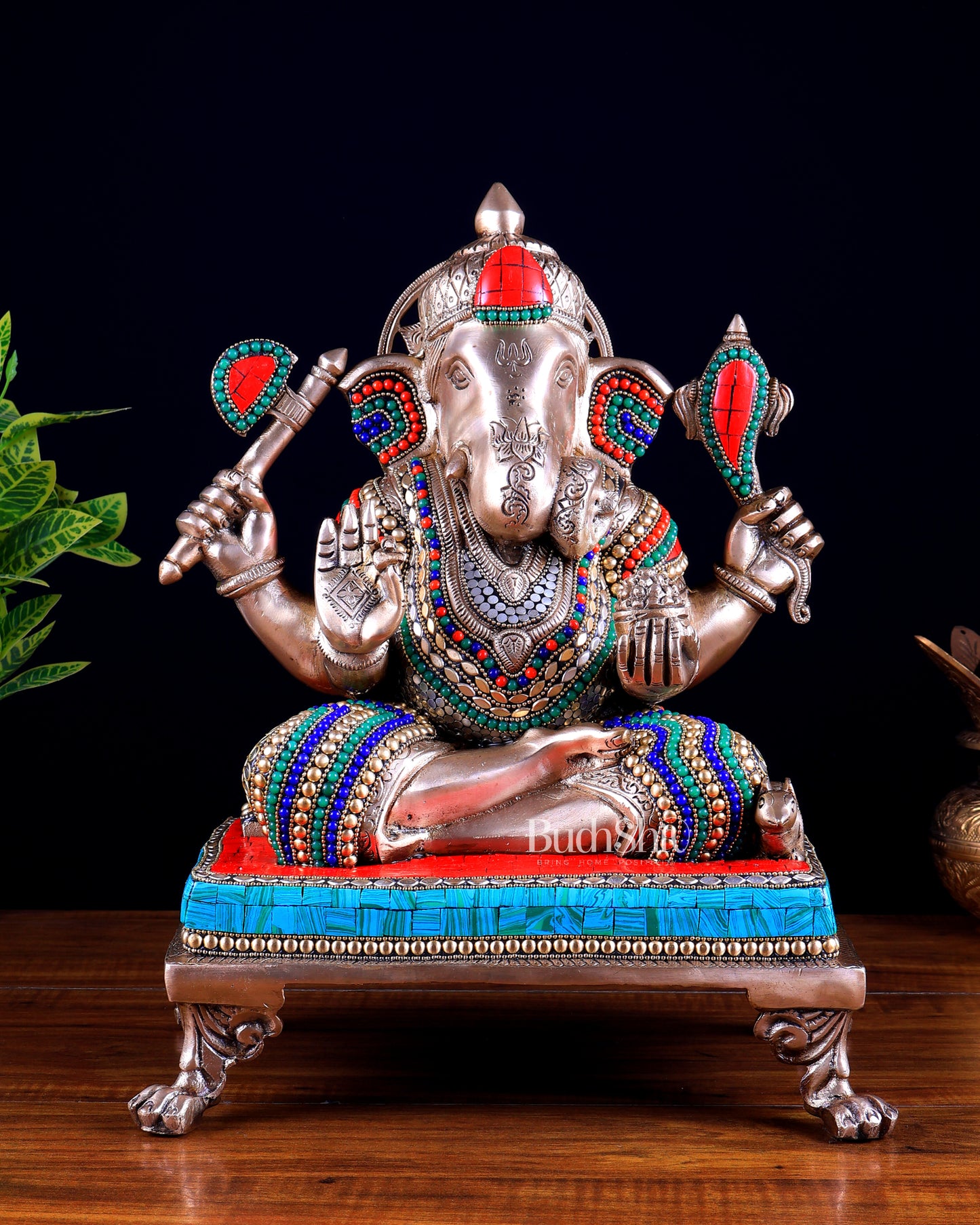 Brass Dagduseth Ganapati Statue 14" with stonework
