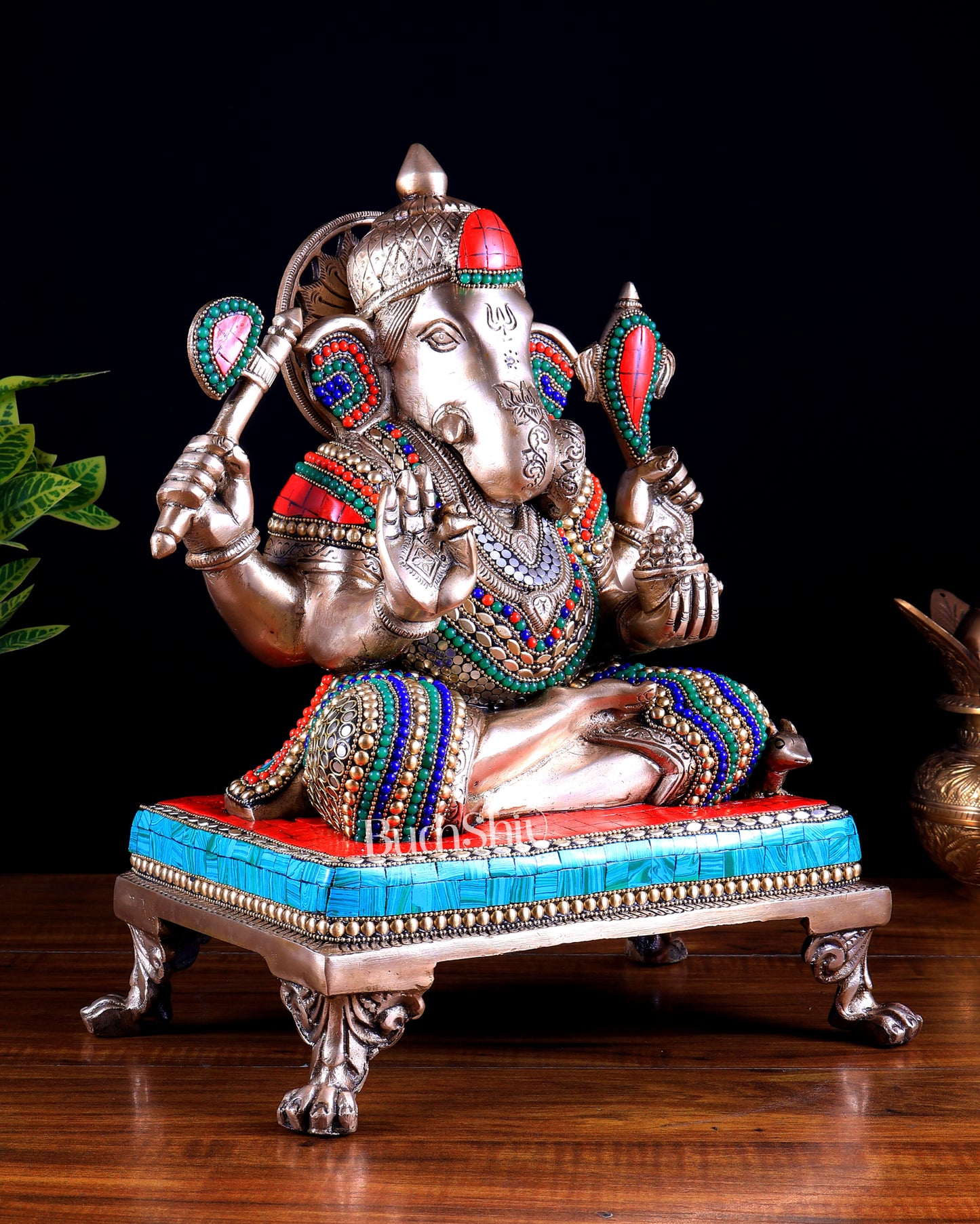 Brass Dagduseth Ganapati Statue 14" with stonework