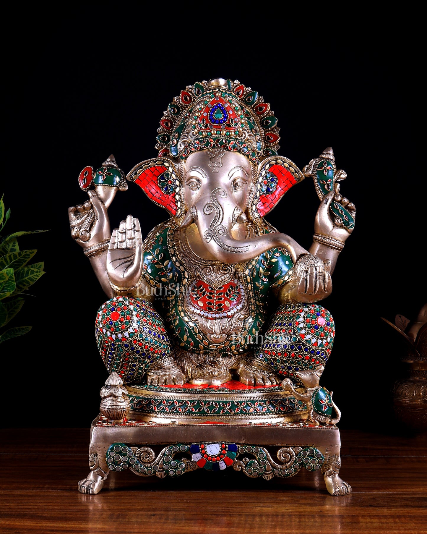 Pure Brass Ganesha statue - 18 inch multicolour stonework