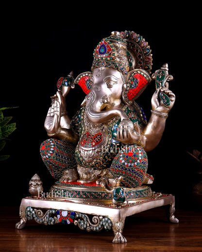 Pure Brass Ganesha statue - 18 inch multicolour stonework