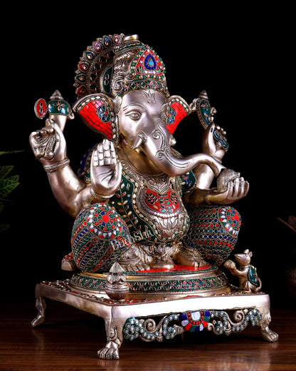 Pure Brass Ganesha statue - 18 inch multicolour stonework