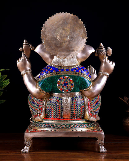 Pure Brass Ganesha statue - 18 inch multicolour stonework