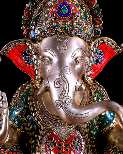 Pure Brass Ganesha statue - 18 inch multicolour stonework