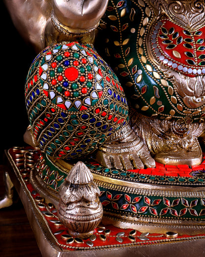 Pure Brass Ganesha statue - 18 inch multicolour stonework