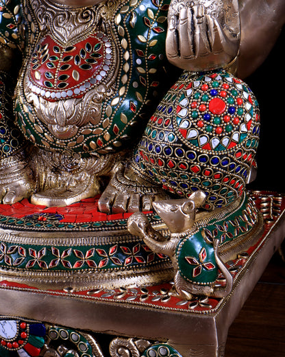 Pure Brass Ganesha statue - 18 inch multicolour stonework