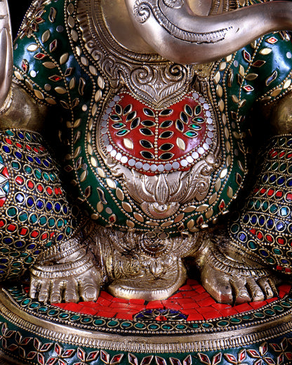 Pure Brass Ganesha statue - 18 inch multicolour stonework