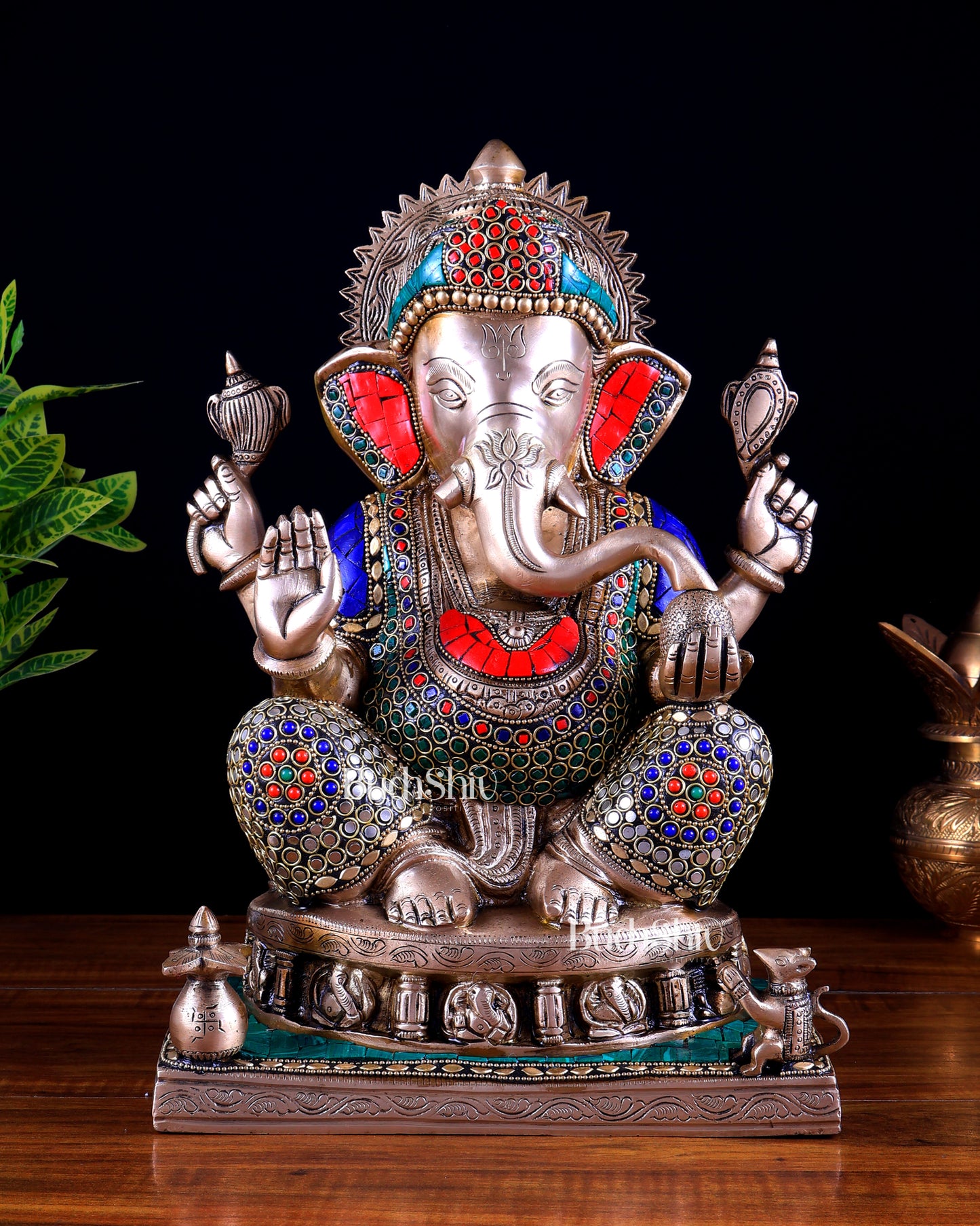 Brass Ganesha Statue with Ashtavinayak Engraving - 13 inch stonework