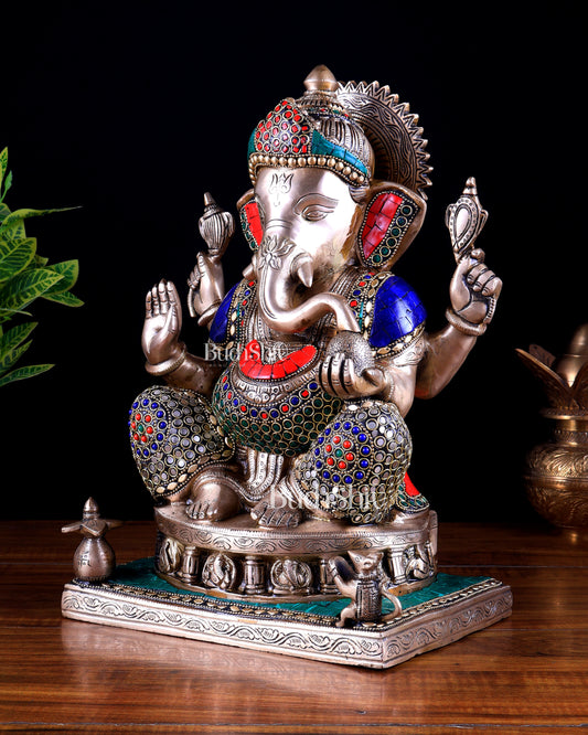 Brass Ganesha Statue with Ashtavinayak Engraving - 13 inch stonework