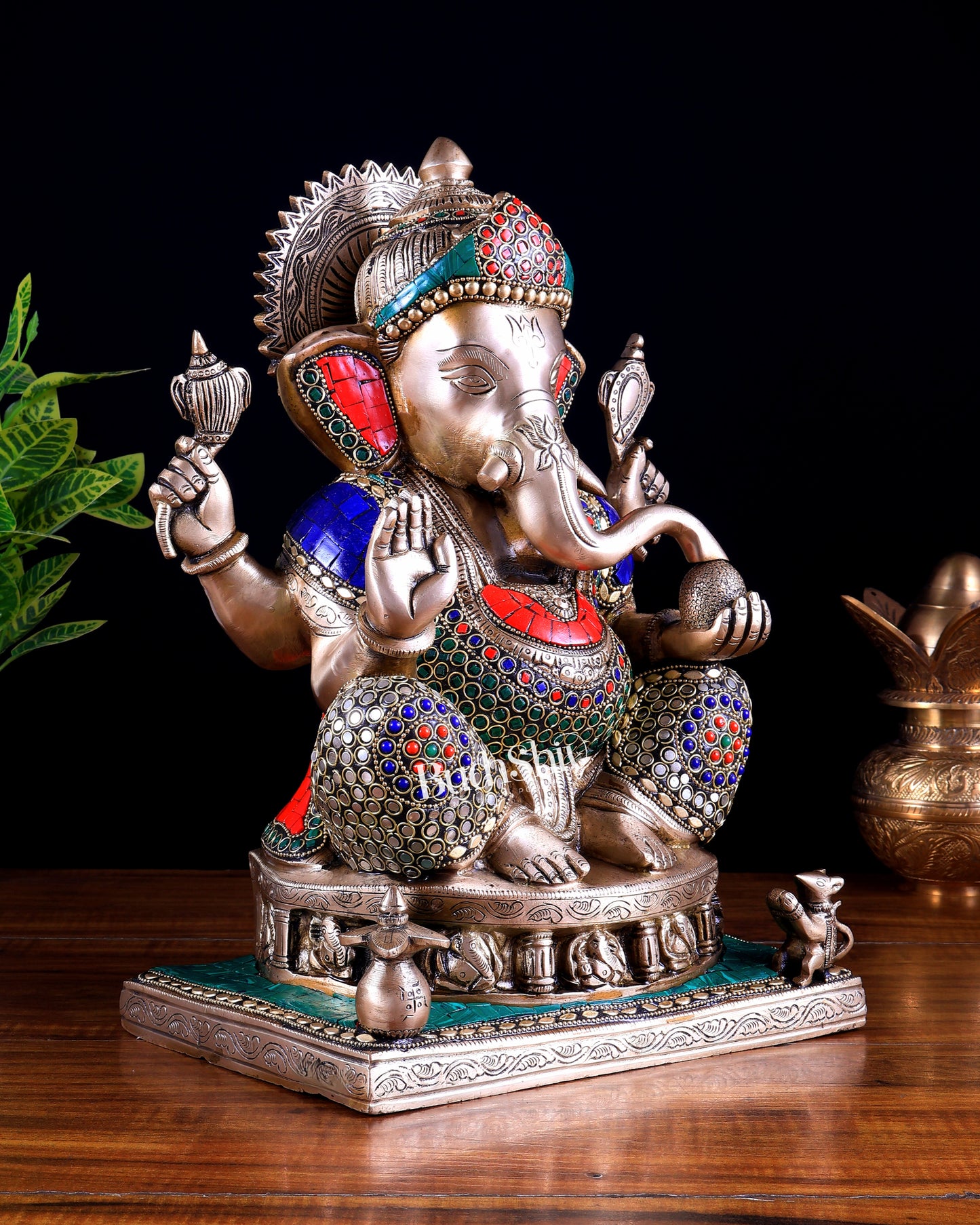 Brass Ganesha Statue with Ashtavinayak Engraving - 13 inch stonework