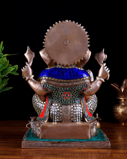 Brass Ganesha Statue with Ashtavinayak Engraving - 13 inch stonework