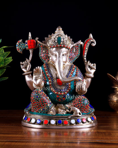 Superfine Brass Ganesha Statue - 12" with stonework