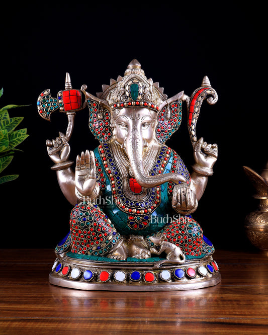 Superfine Brass Ganesha Statue - 12" with stonework