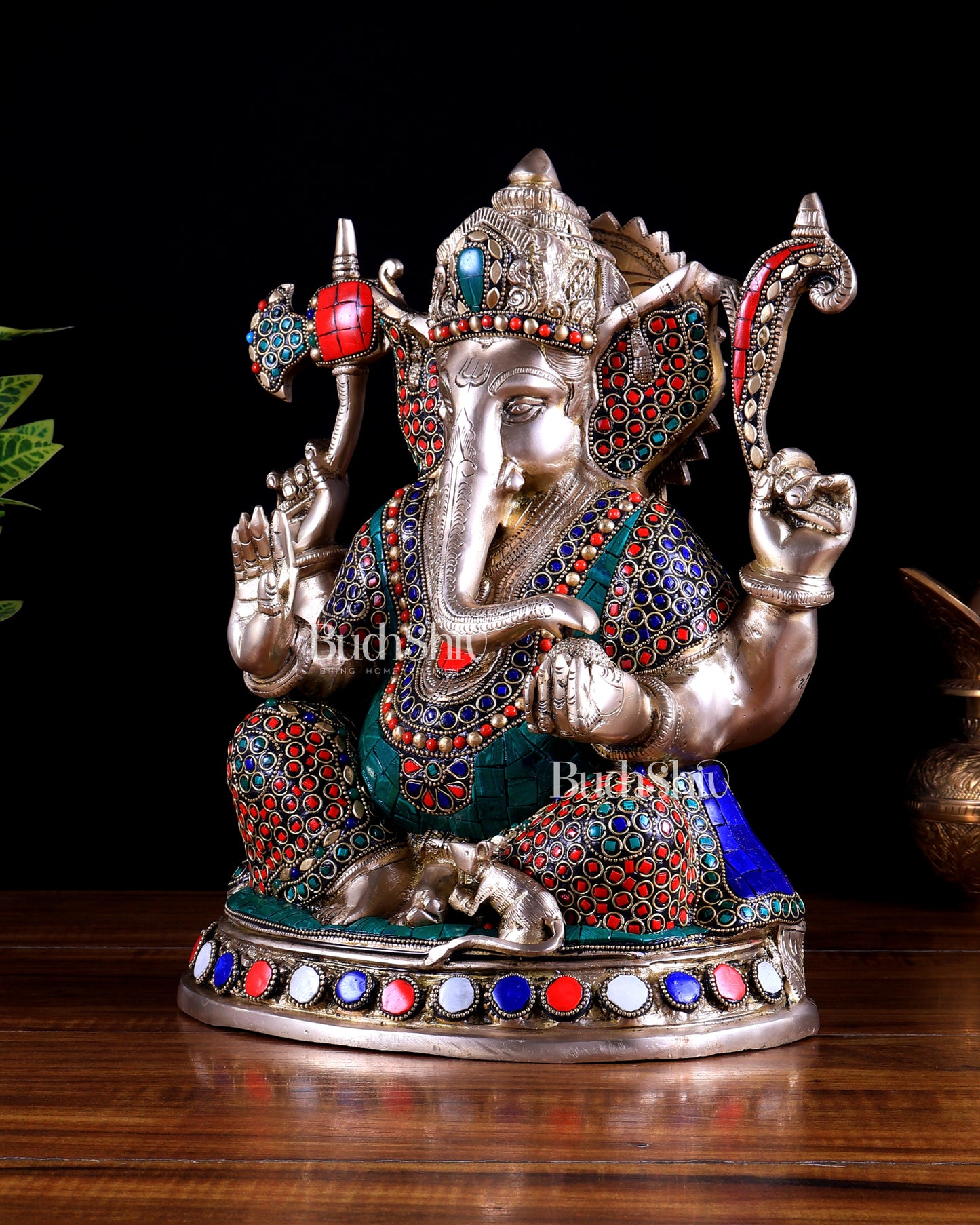 Superfine Brass Ganesha Statue - 12" with stonework