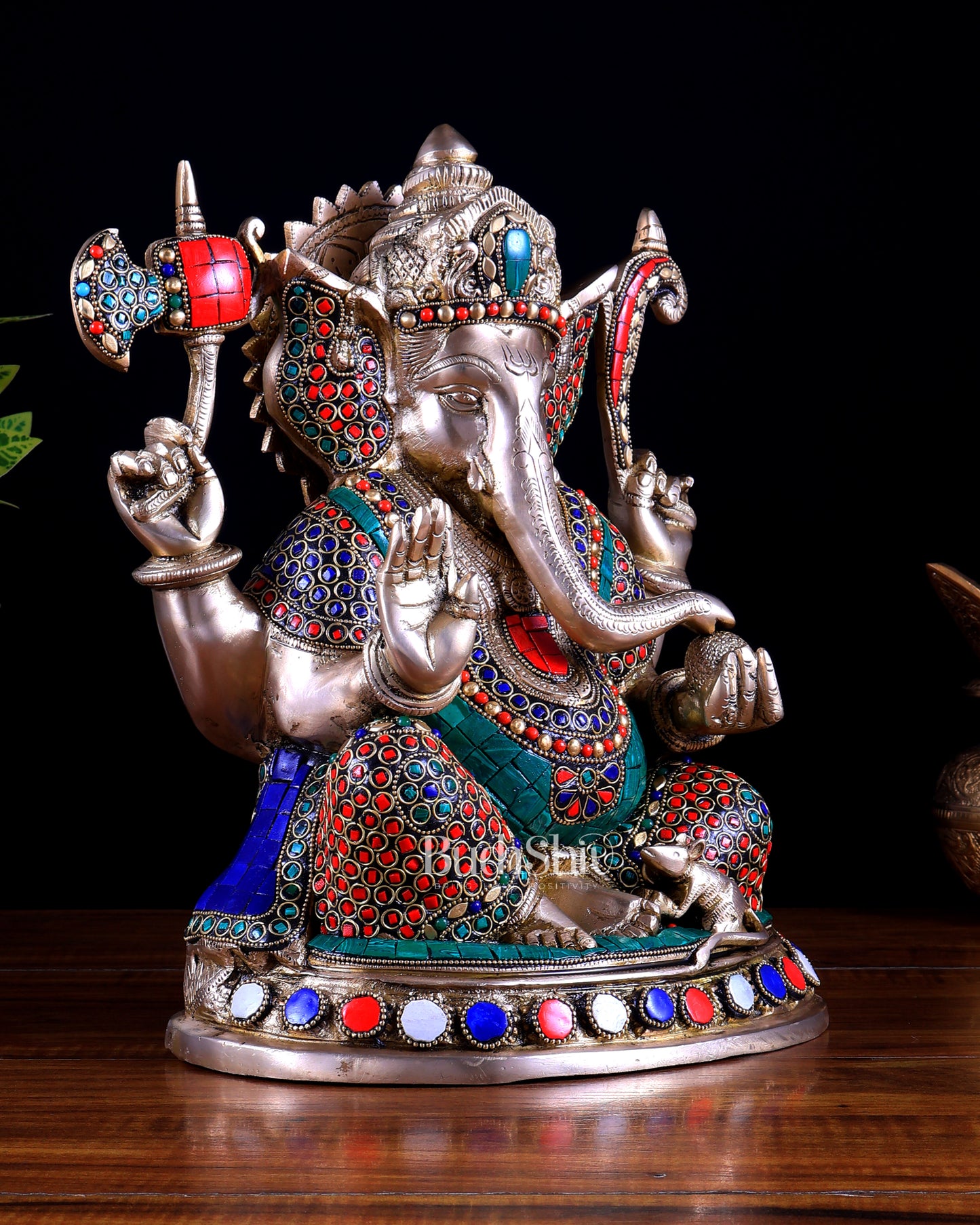 Superfine Brass Ganesha Statue - 12" with stonework