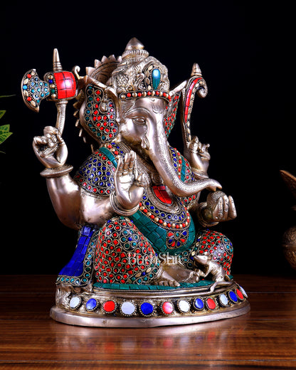 Superfine Brass Ganesha Statue - 12" with stonework