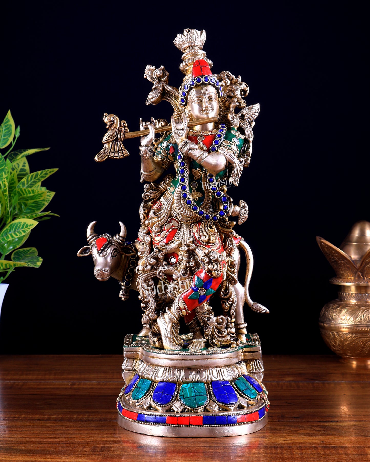 Pure Brass Lord Krishna with Cow idol – 14" with stonework